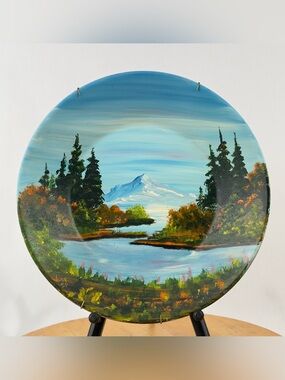 Vintage Hand Painted Wild Mountain Lake Scene on Metal Gold Mining Sluice Pan